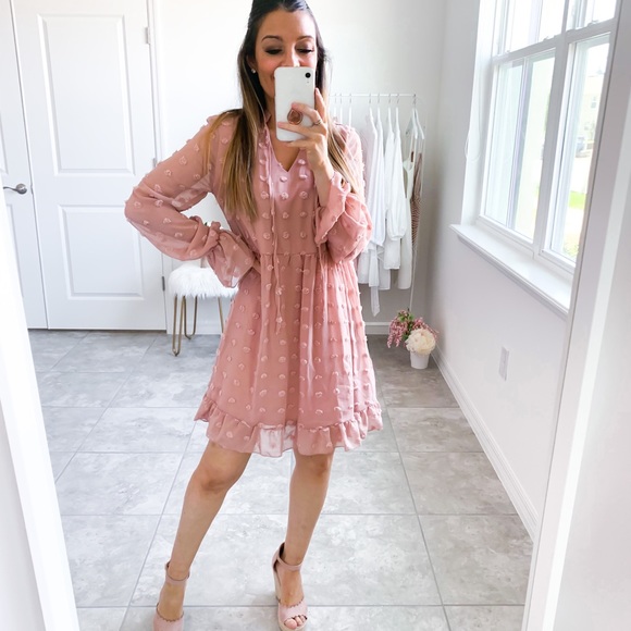 Pink Long Sleeve Swiss Dot Ruffle Loose Dress - Picture 8 of 12
